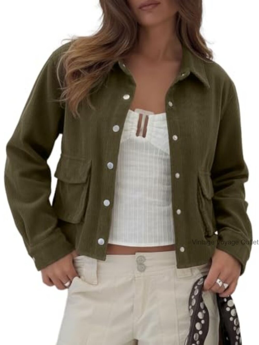 Women's Cropped Corduroy Button Down Shacket Jacket